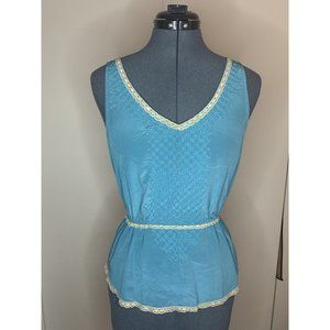 Vintage QS Silk Tank Peacock Blue Gray Lace Trim & Buttons Sleeveless Top Size S